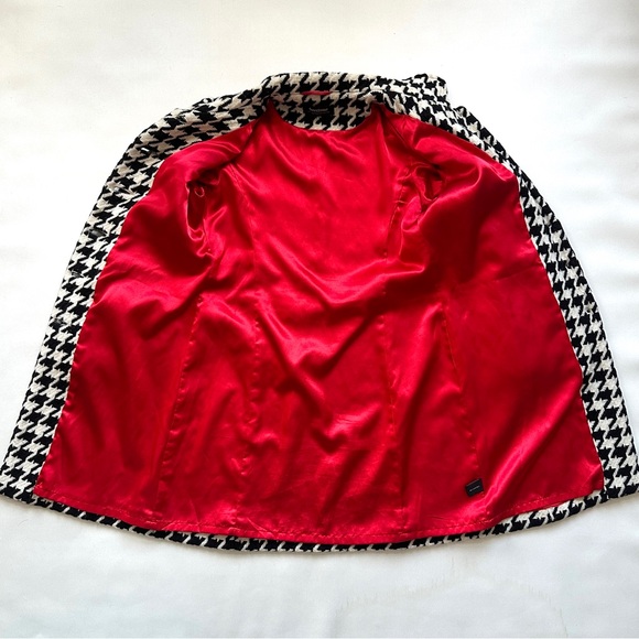 COFFEESHOP BLACK/WHITE HOUNDSTOOTH WOOL BLEND TAILORED PEACOAT TRENCH COAT SzL - Picture 7 of 13